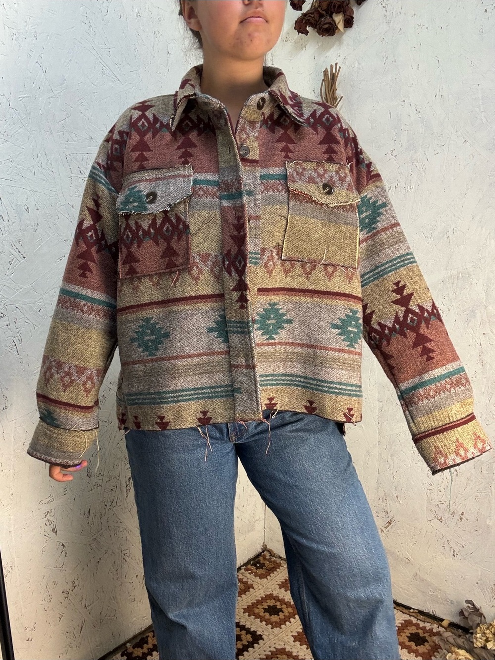 La Miel Western Aztec Distressed Fall Cozy Oversized Shacket Small - Picture 2 of 6